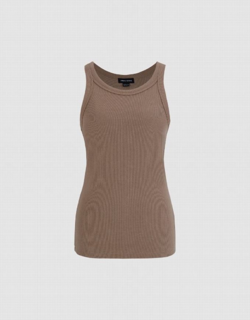 Brown Urban Revivo Crew Neck Straight Women's Tank Top | 35982SPOD