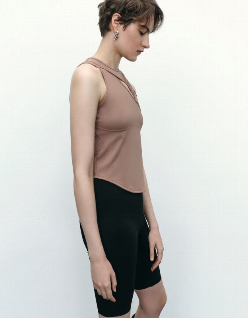 Brown Urban Revivo Cut-Out Women's Tank Top | 08512KMAB