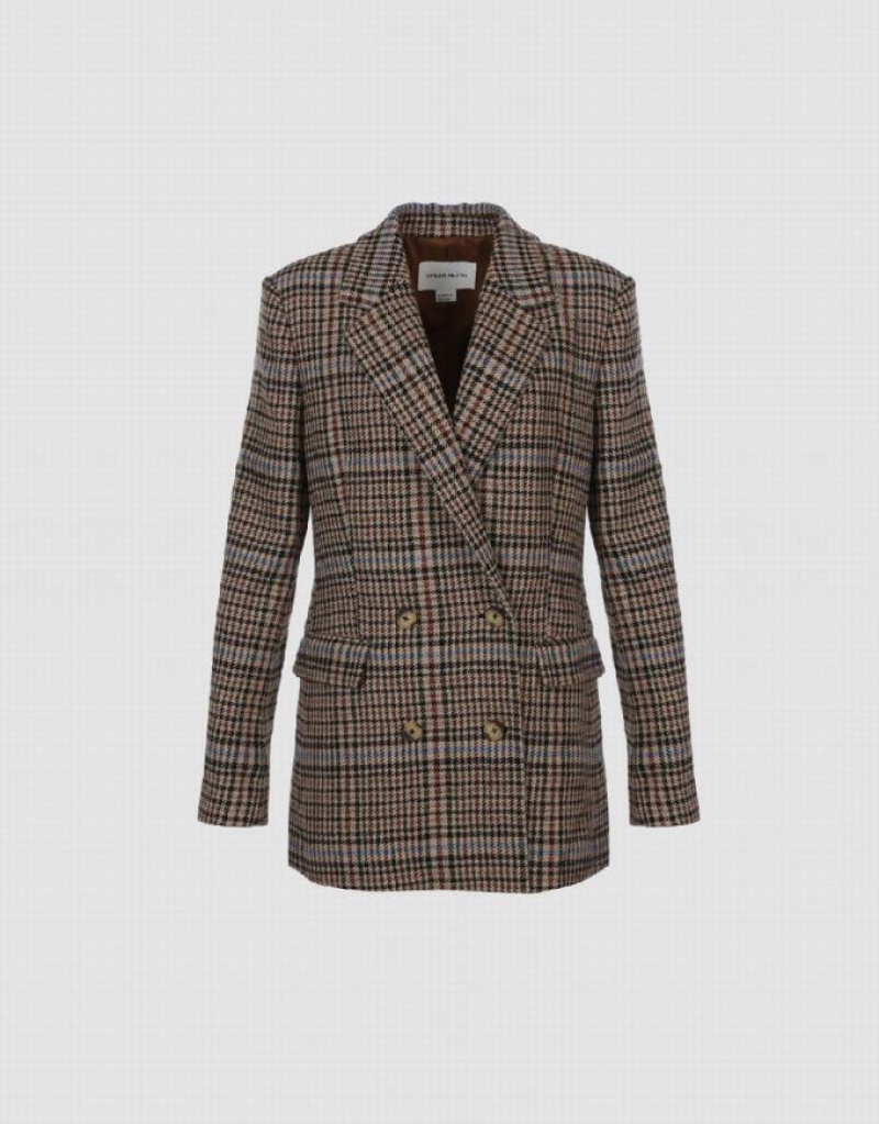 Brown Urban Revivo Double Breasted Plaid Women's Blazers | 46532YGLD