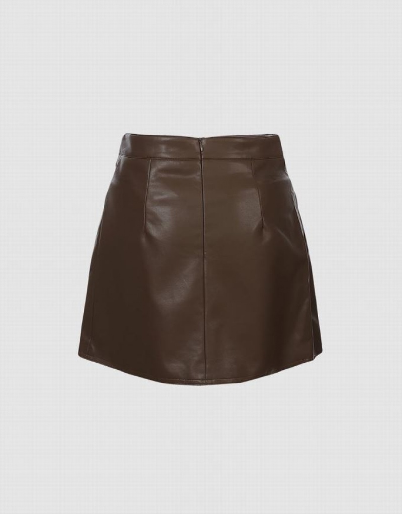 Brown Urban Revivo Faux Leather Wrapped Women's Skirts | 59806STAG