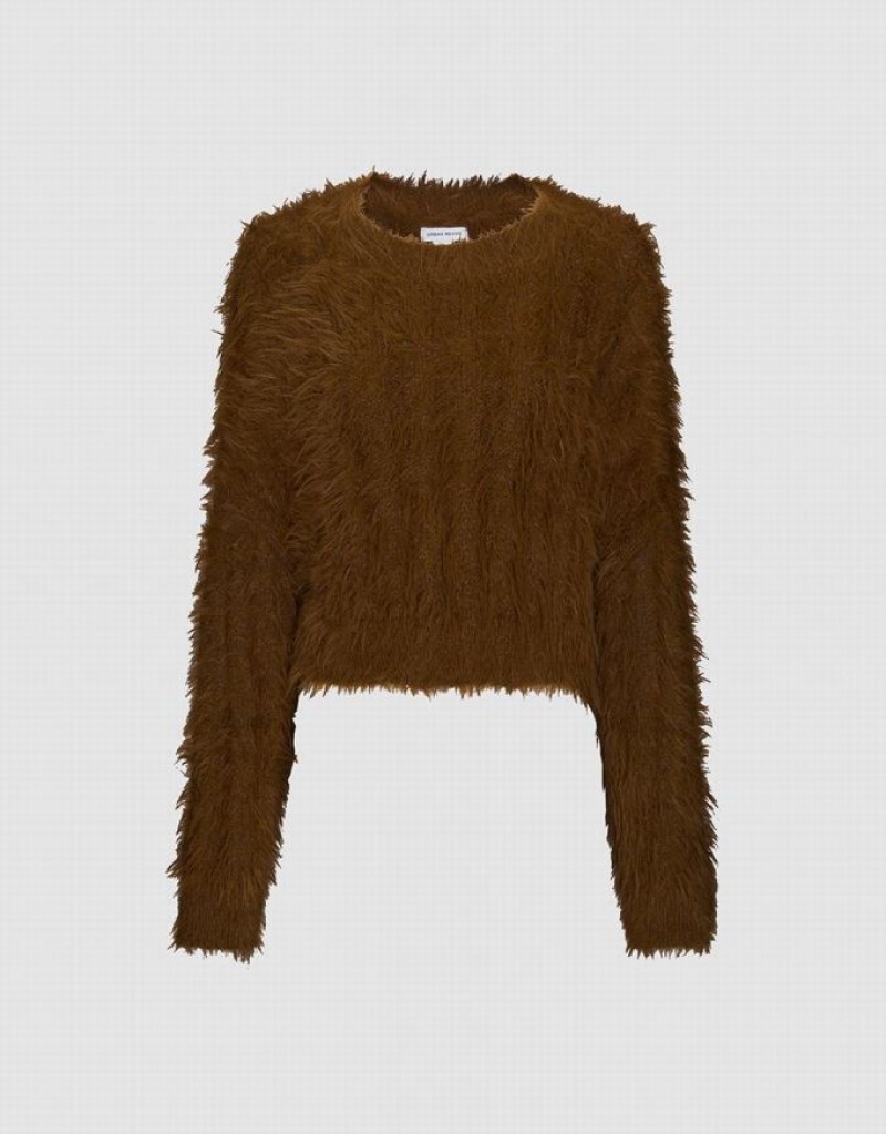 Brown Urban Revivo Furry Crew Neck Knitted Women's Cardigan | 70863OVAH