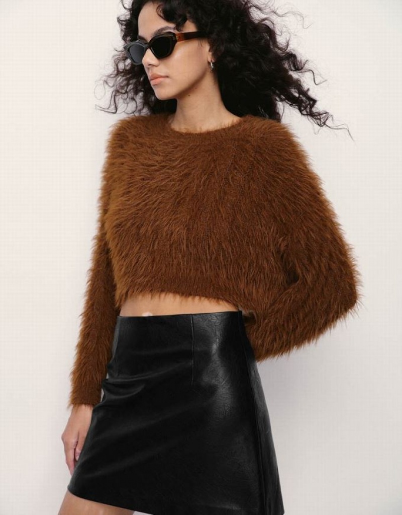 Brown Urban Revivo Furry Crew Neck Knitted Women's Cardigan | 70863OVAH