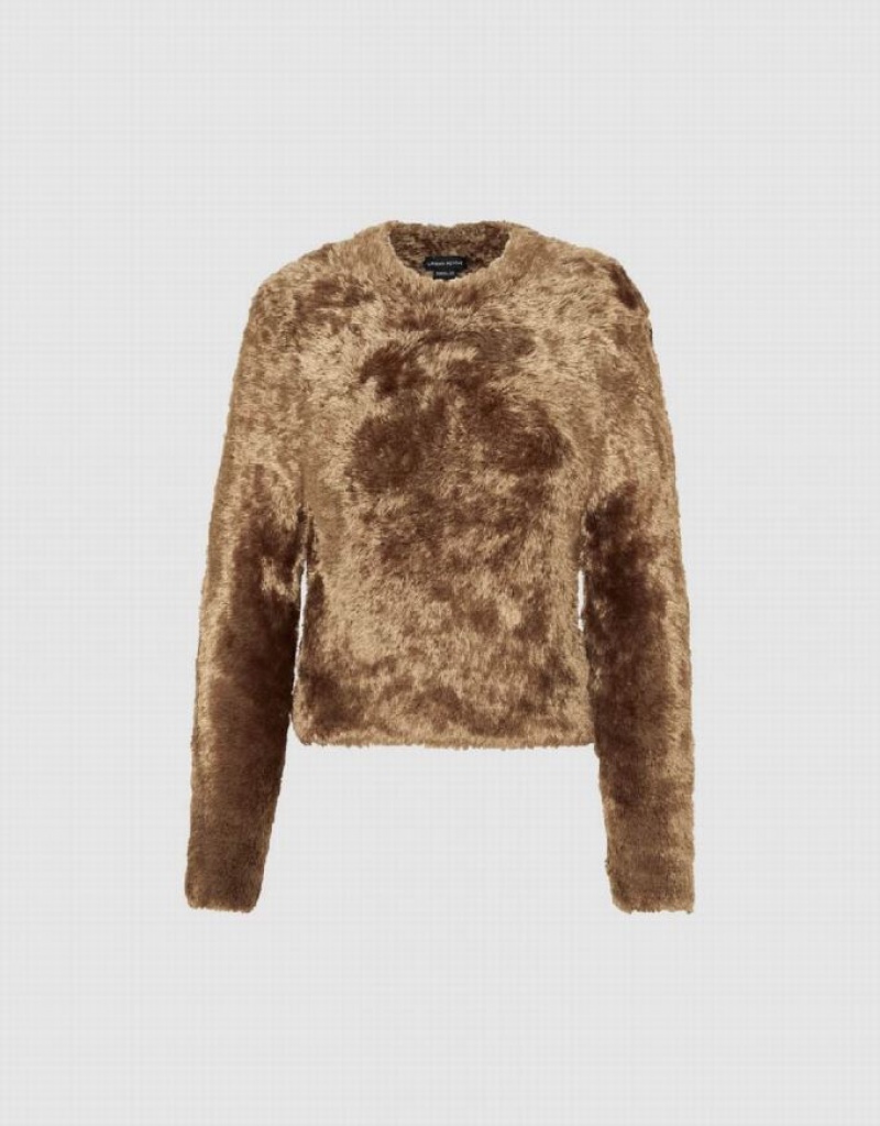 Brown Urban Revivo Furry Crew Neck Knitted Women's Cardigan | 36597BYVQ