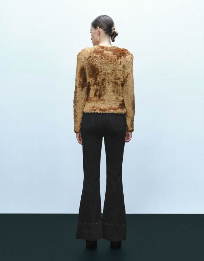 Brown Urban Revivo Furry Crew Neck Knitted Women's Cardigan | 36597BYVQ