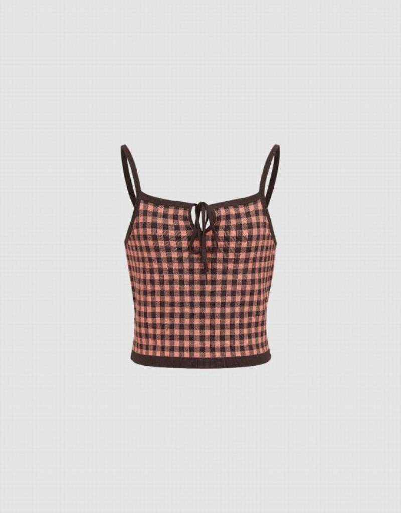 Brown Urban Revivo Gingham Cami Top Women's Cardigan | 05971BVRO