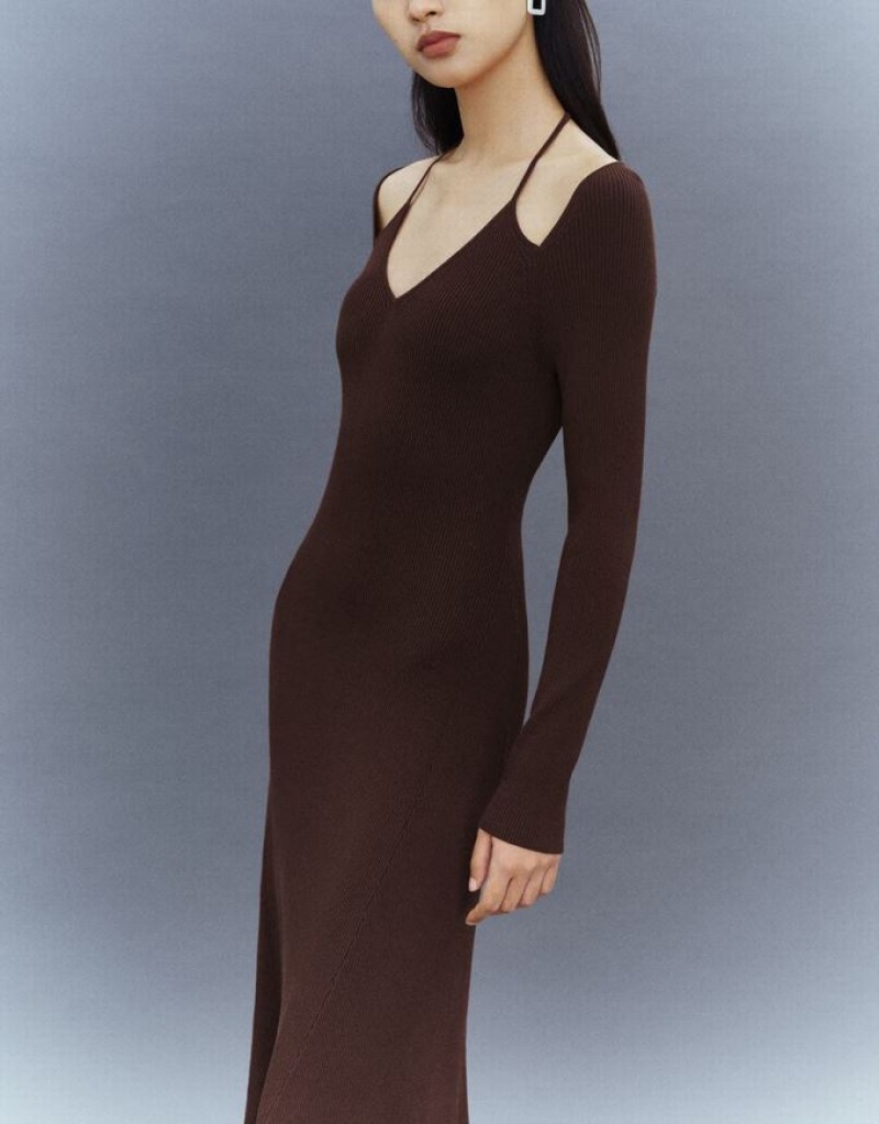 Brown Urban Revivo Halter Neck Skinny A-Line Women's Knitted Dress | 20194PZGV