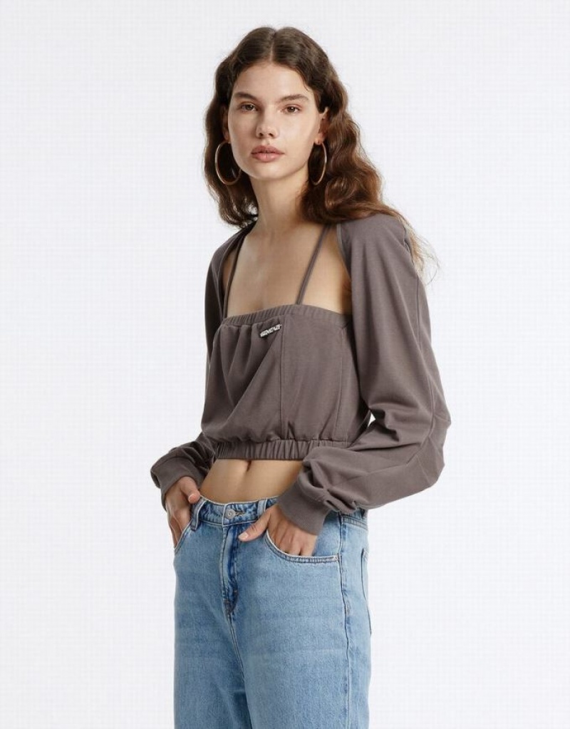 Brown Urban Revivo Knit Crop Top Women's Sweatshirts | 96870MFBY