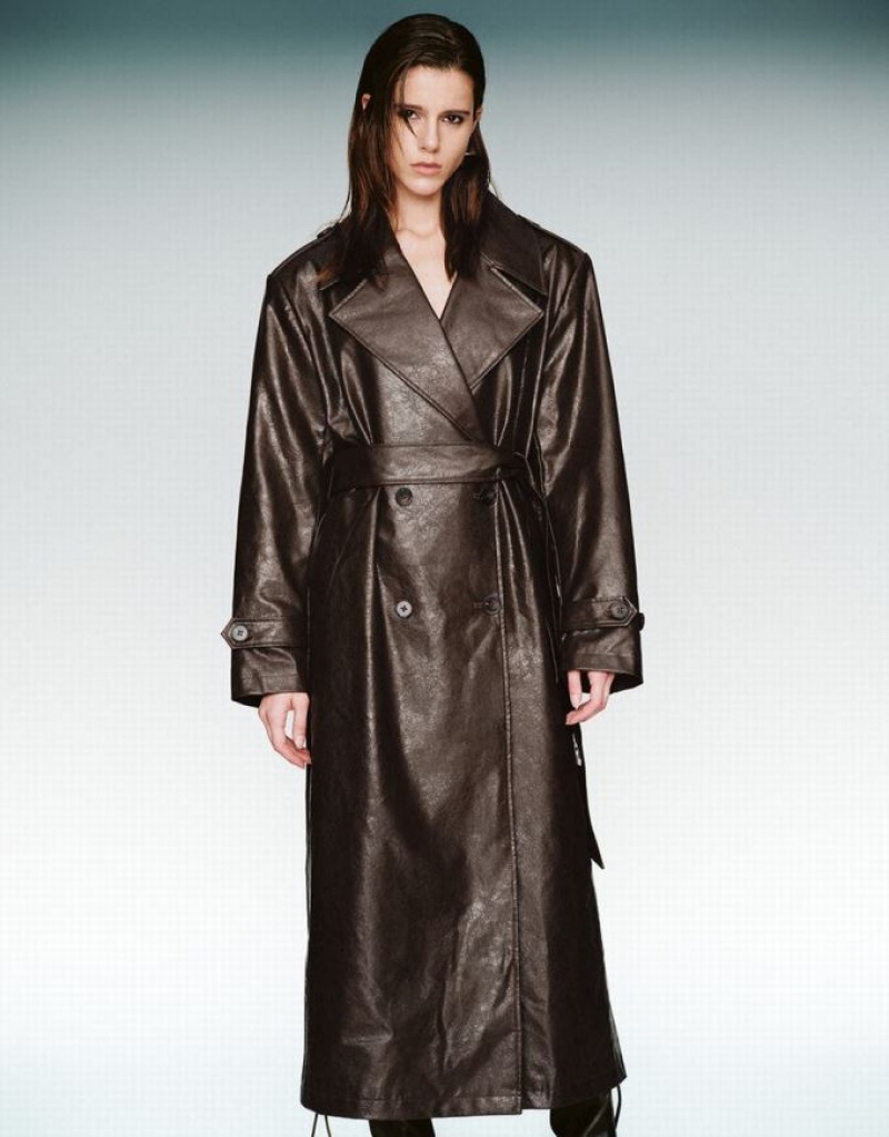 Brown Urban Revivo Longline Vegan Leather Women's Trench Coat | 12047SFNC