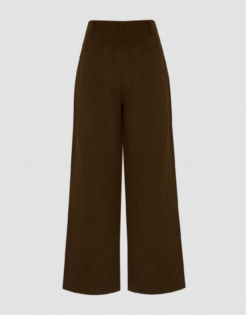 Brown Urban Revivo Loose Wide-Leg Women's Pants | 89206SKYQ