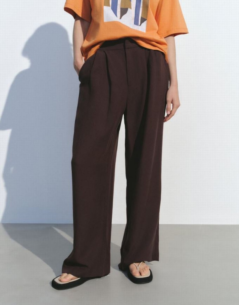 Brown Urban Revivo Loose Wide-Leg Women's Pants | 81634KWRI