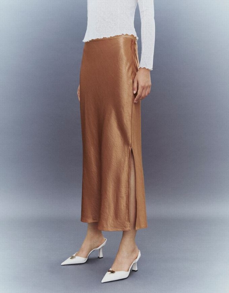 Brown Urban Revivo Midi Straight Women's Skirts | 73085TYMD