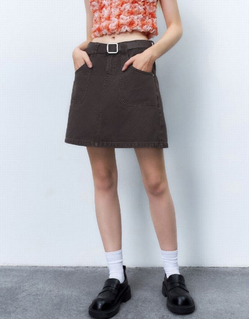 Brown Urban Revivo Mini A-Line With Belt Women's Denim Skirt | 14752HLMV