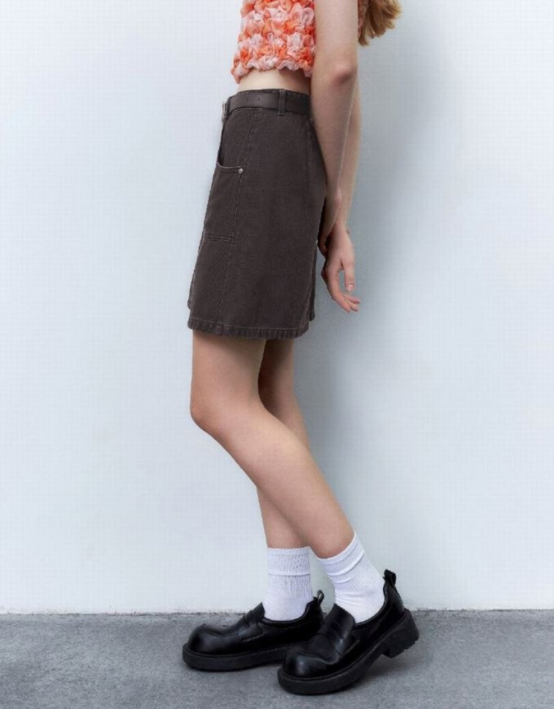 Brown Urban Revivo Mini A-Line With Belt Women's Denim Skirt | 14752HLMV