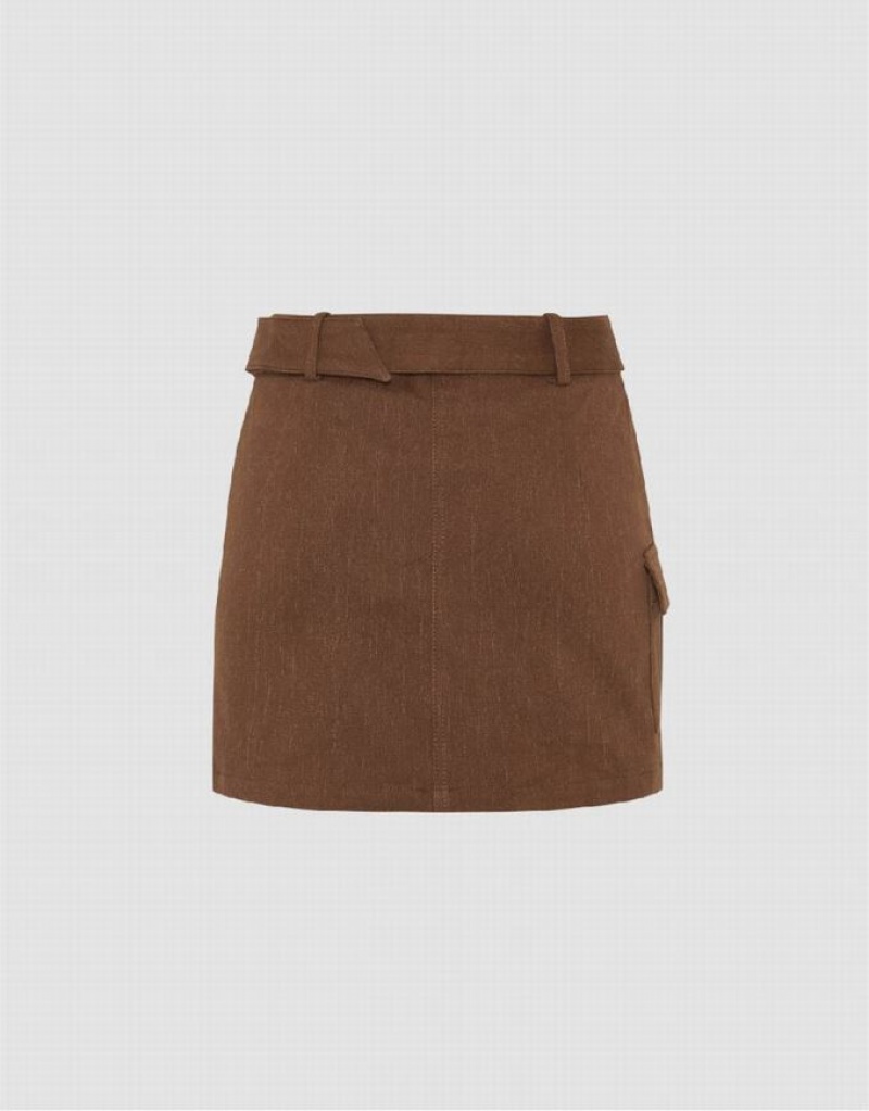 Brown Urban Revivo Mini Straight Knitted With Belt Women's Skirts | 94863PLYI