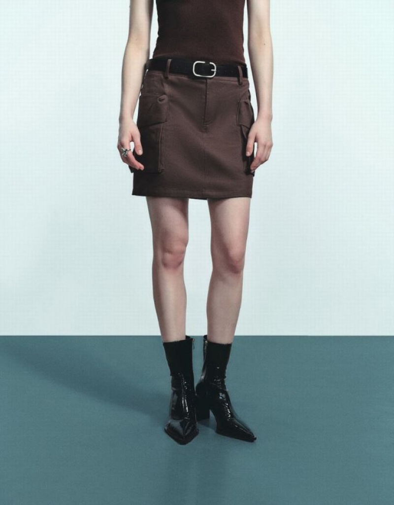 Brown Urban Revivo Mini Straight With Belt Women's Skirts | 31629RUVD