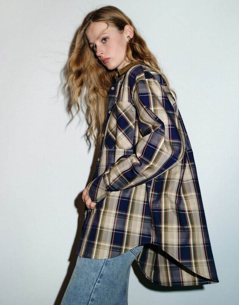 Brown Urban Revivo Plaid A-Line Women's Shirts | 84236YKTH