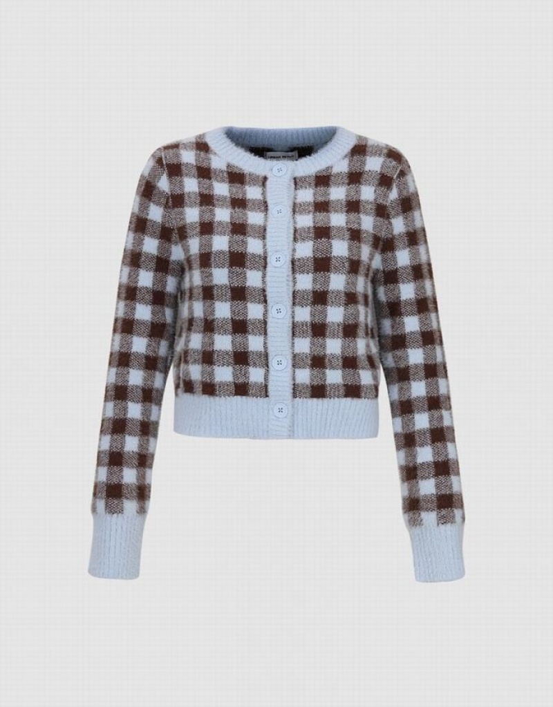 Brown Urban Revivo Plaid Crew Neck Knitted Women's Cardigan | 39152ZQJS