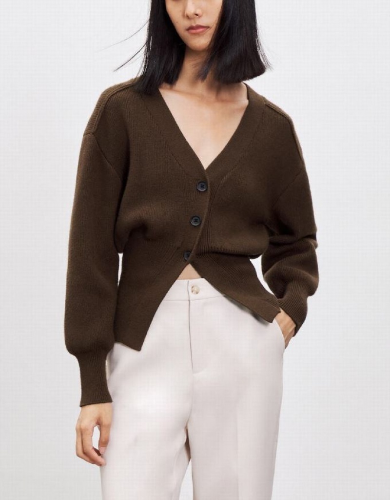 Brown Urban Revivo Puff Sleeve V-Neck Knitted Women's Cardigan | 31762EQWT