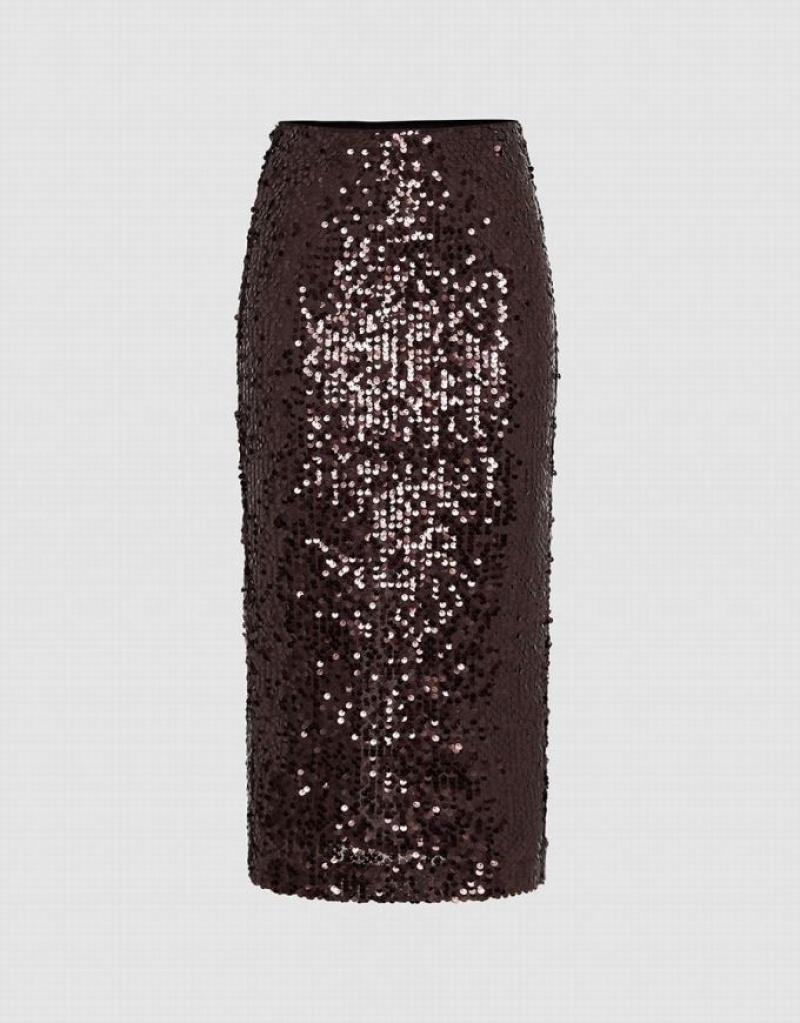 Brown Urban Revivo Sequins Midi Straight Women\'s Skirts | 20495JKFL