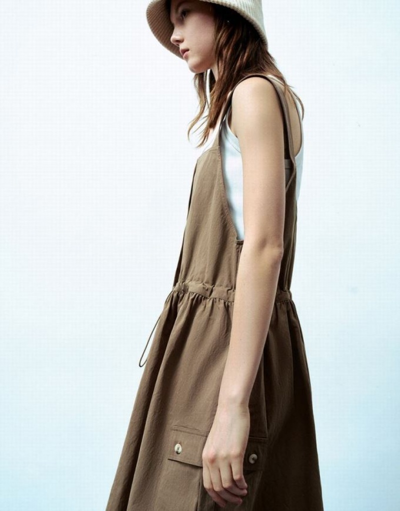 Brown Urban Revivo Sleeveless Square-Cut Collar Straight Women's Dress | 63254AKZD