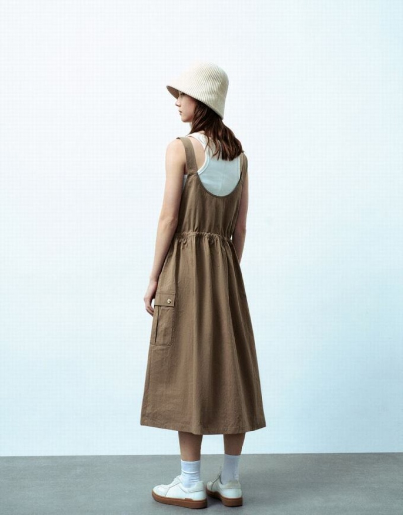 Brown Urban Revivo Sleeveless Square-Cut Collar Straight Women's Dress | 63254AKZD