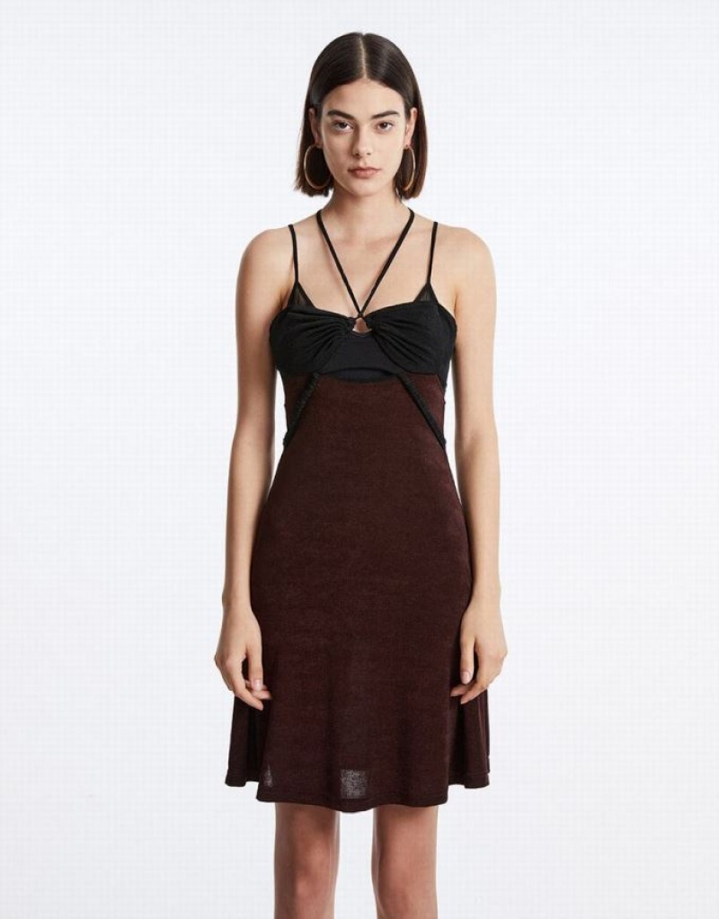 Brown Urban Revivo Spliced Sheer Mesh Cami Women's Dress | 98527CWJY