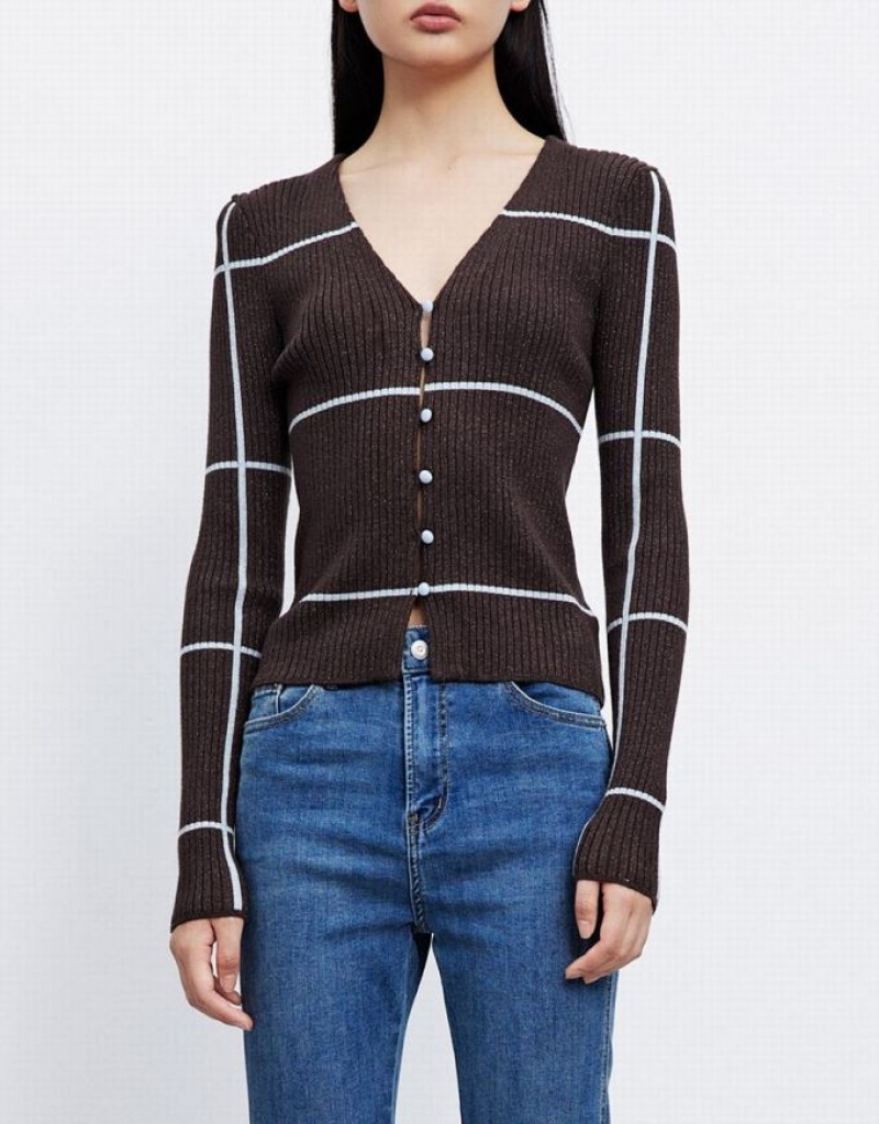 Brown Urban Revivo Striped Button Up Women's Cardigan | 89426ZVXL