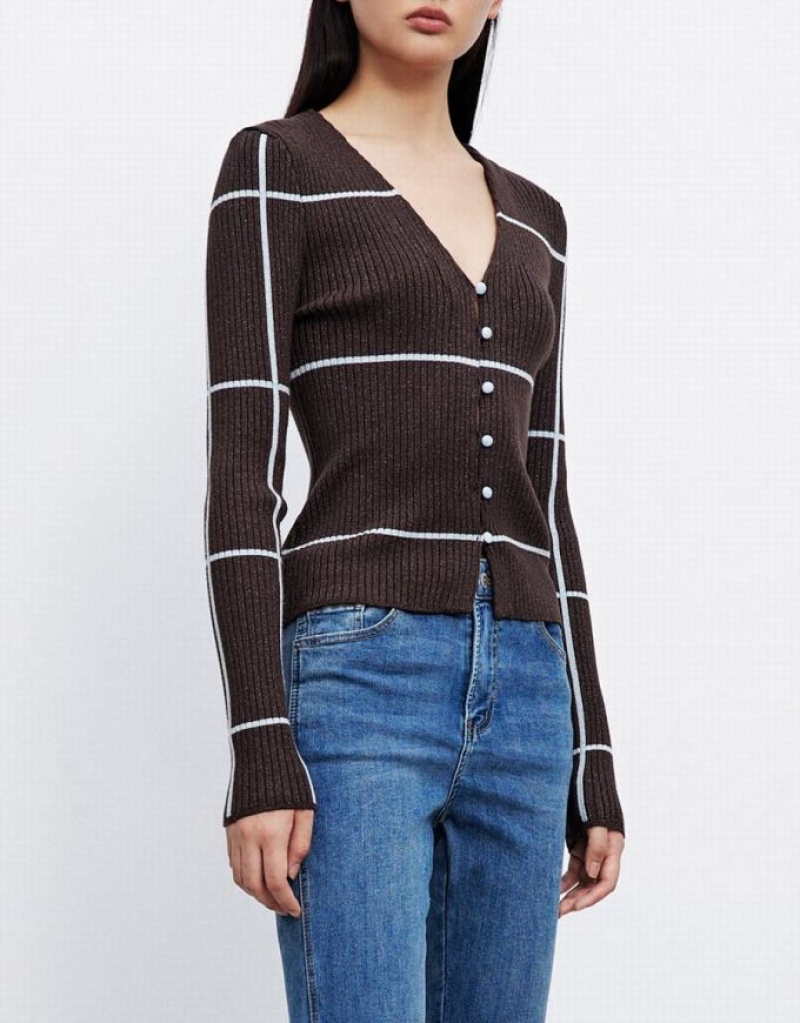 Brown Urban Revivo Striped Button Up Women's Cardigan | 89426ZVXL