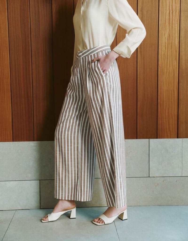 Brown Urban Revivo Striped Wide-Leg Women's Pants | 72951AEZH