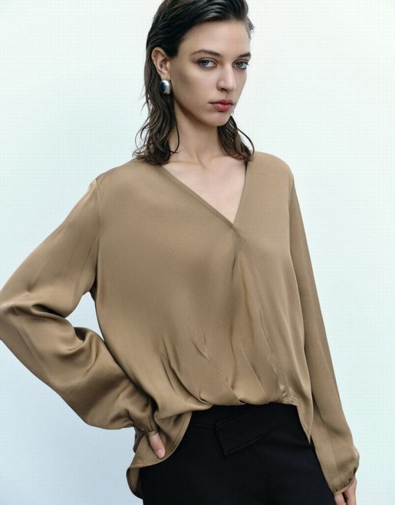 Brown Urban Revivo Surplice Front V-Neck Overhead Women's Blouse | 18570RZCD