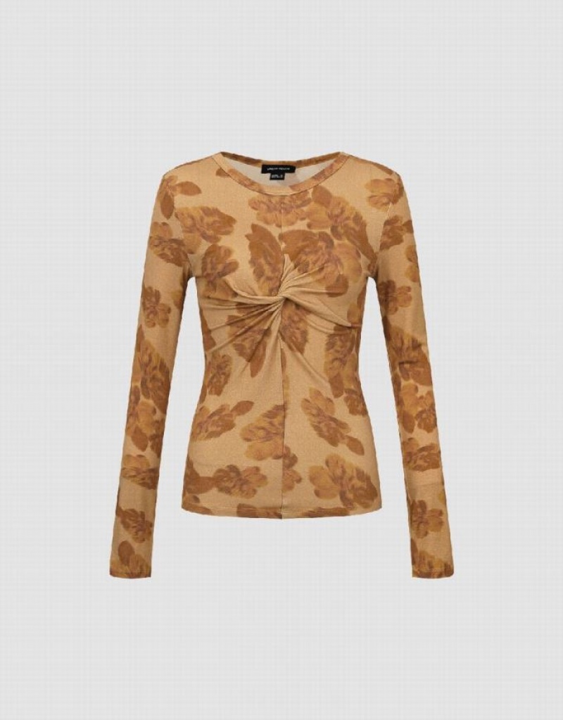 Brown Urban Revivo Twist Front Printed Skinny Women's T-Shirts | 72308COSW