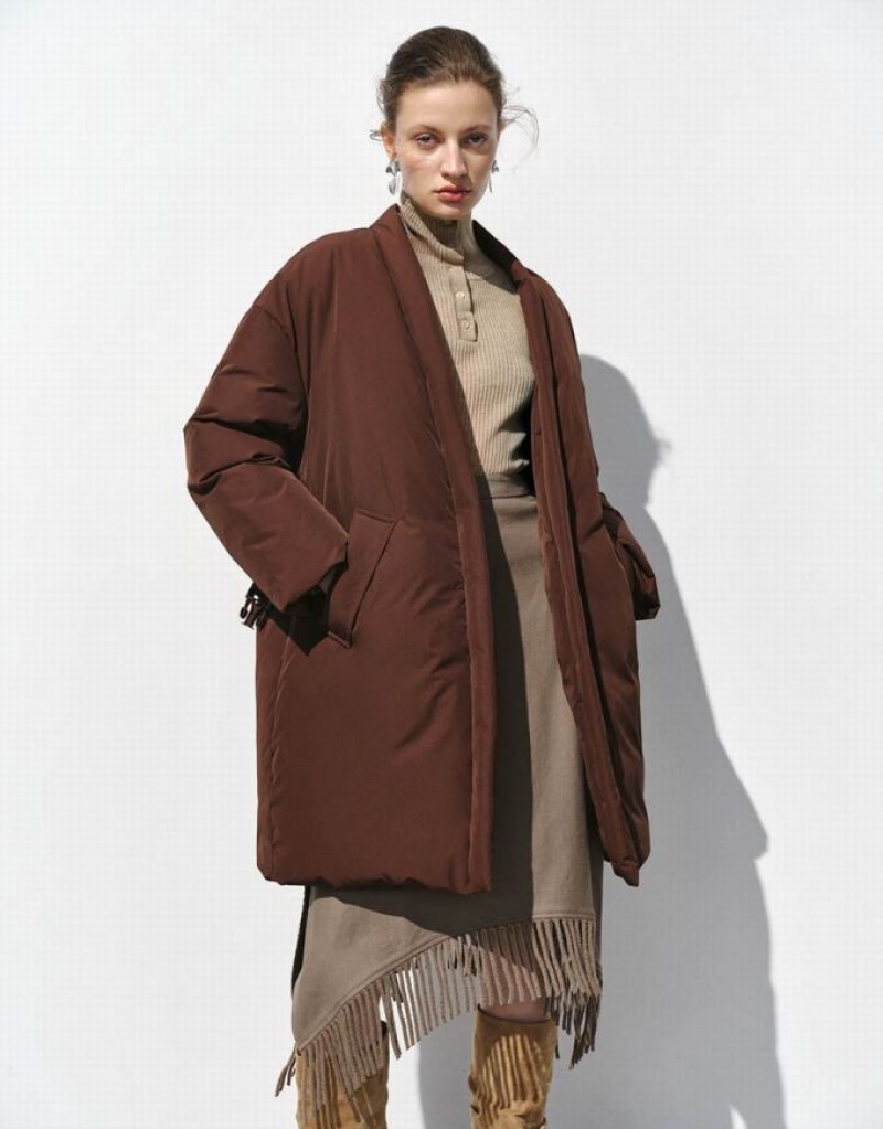 Brown Urban Revivo V-Neck Straight Women's Coats | 62071BOZW