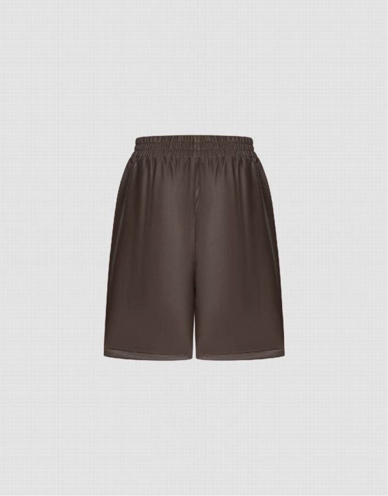 Brown Urban Revivo Vegan Leather Elastic Waist Women's Shorts | 93071IFAW