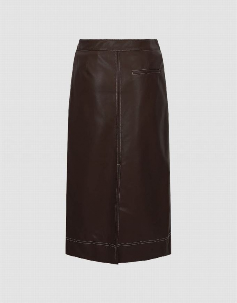 Brown Urban Revivo Vegan Leather Midi Straight Women's Skirts | 68594EIKU