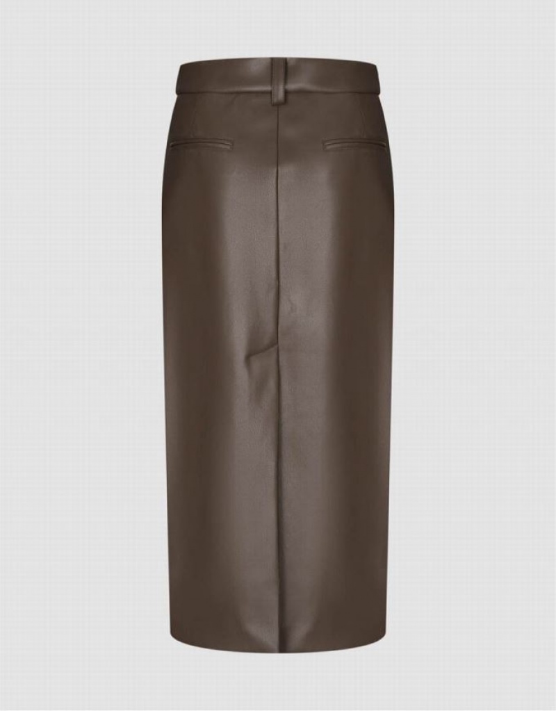 Brown Urban Revivo Vegan Leather Midi Straight Women's Skirts | 90814TYCF