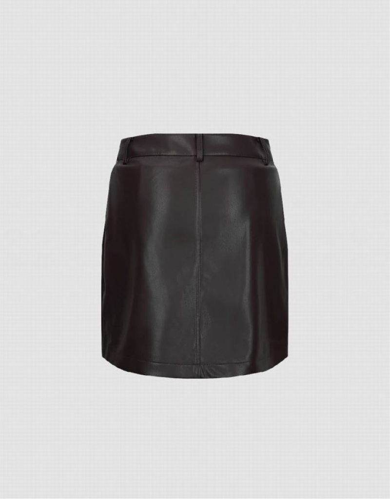 Brown Urban Revivo Vegan Leather Mini A-Line Women's Skirts | 06312BVUF