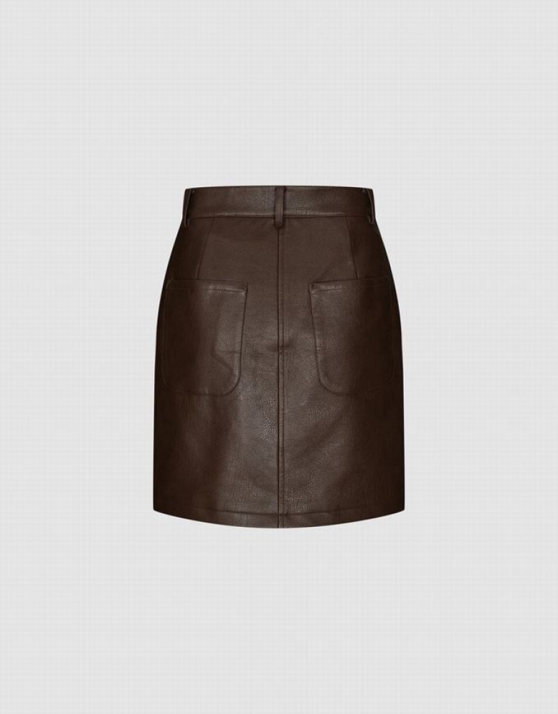 Brown Urban Revivo Vegan Leather Mini A-Line Women's Skirts | 87261JGSB