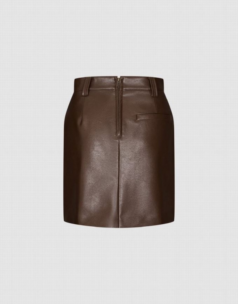 Brown Urban Revivo Vegan Leather Mini Straight Women's Skirts | 28031NGVY