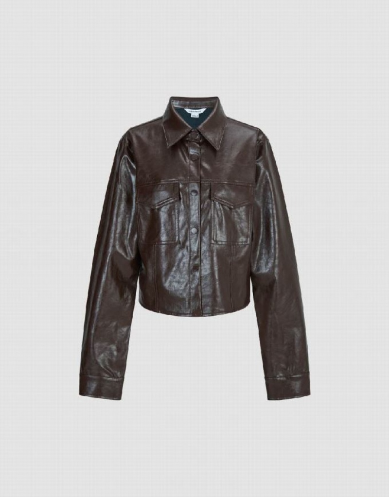 Brown Urban Revivo Vegan Leather Straight Women's Shirts | 16870BAZV