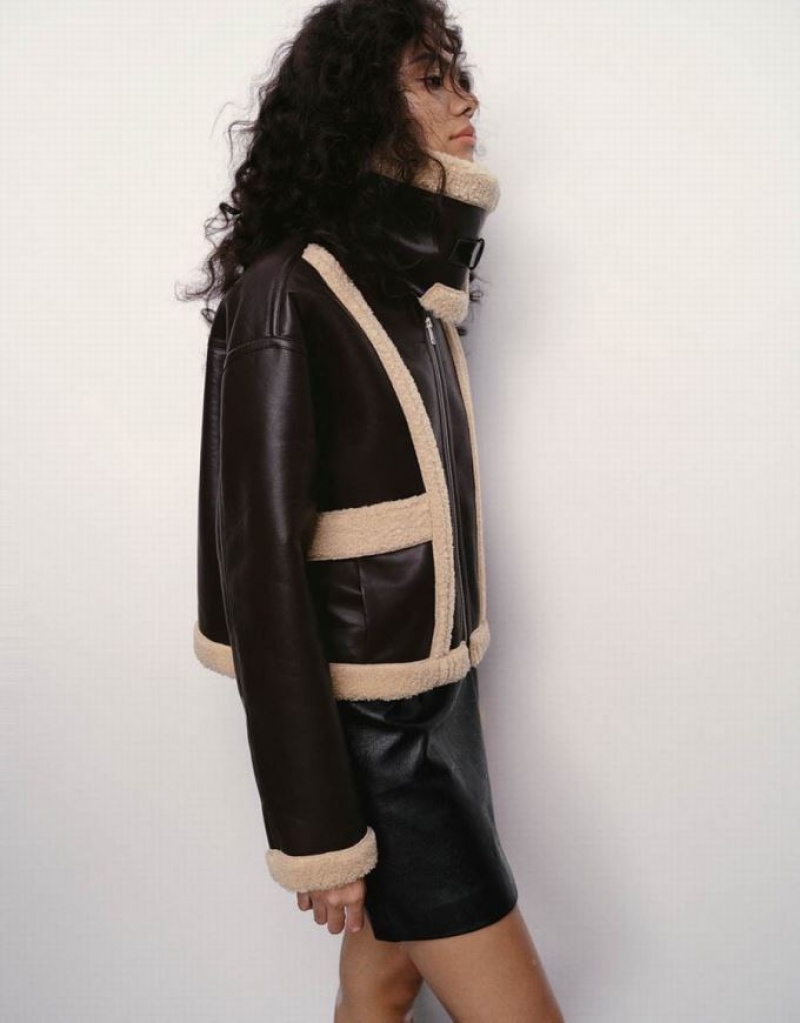 Brown Urban Revivo Vegan With Furry Collar Women's Leather Jackets | 96102LOVB