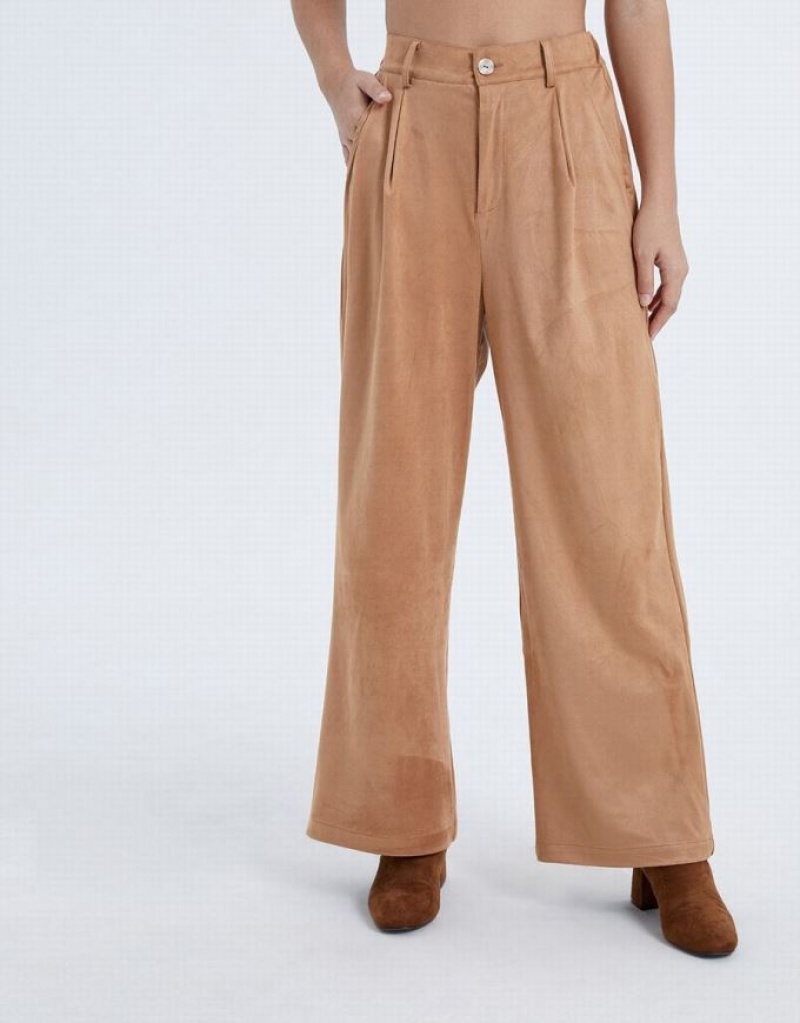 Brown Urban Revivo Woven Long Wide-Leg Women's Pants | 97346XANC