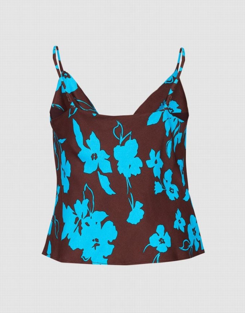 Brown / Blue Urban Revivo Floral Print Cowl Neck Women's Camisole | 26419OWBP