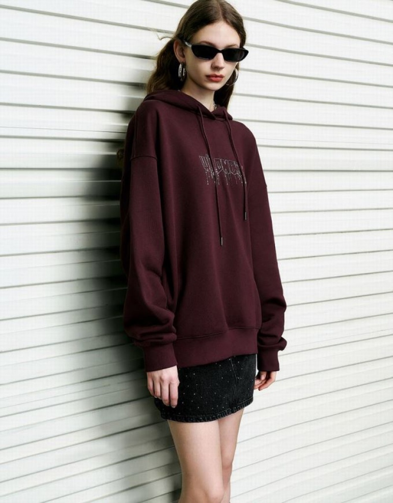 Burgundy Urban Revivo Drop Shoulder Sleeve Oversized Women's Hoodie | 84792GMJI