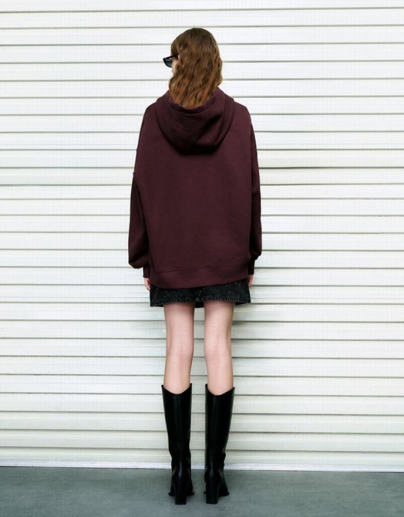 Burgundy Urban Revivo Drop Shoulder Sleeve Oversized Women's Hoodie | 84792GMJI