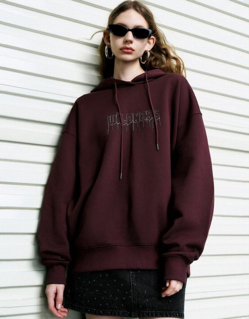 Burgundy Urban Revivo Drop Shoulder Sleeve Oversized Women\'s Hoodie | 84792GMJI