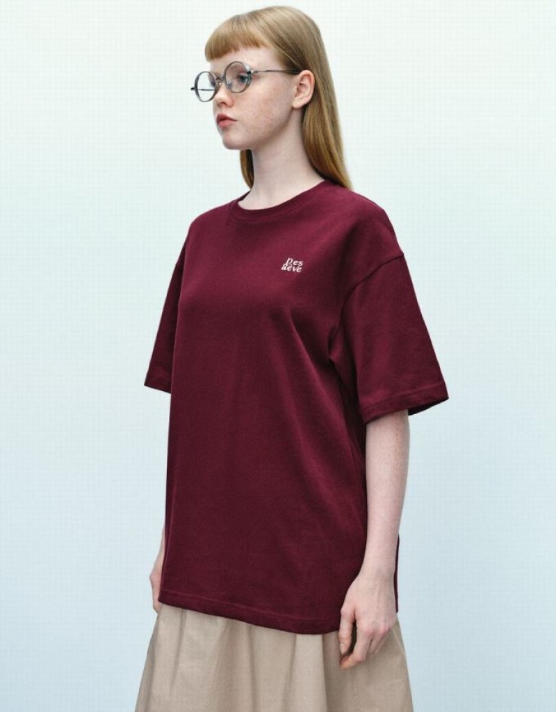 Burgundy Urban Revivo Letter Printed Loose Women's T-Shirts | 15432APQY