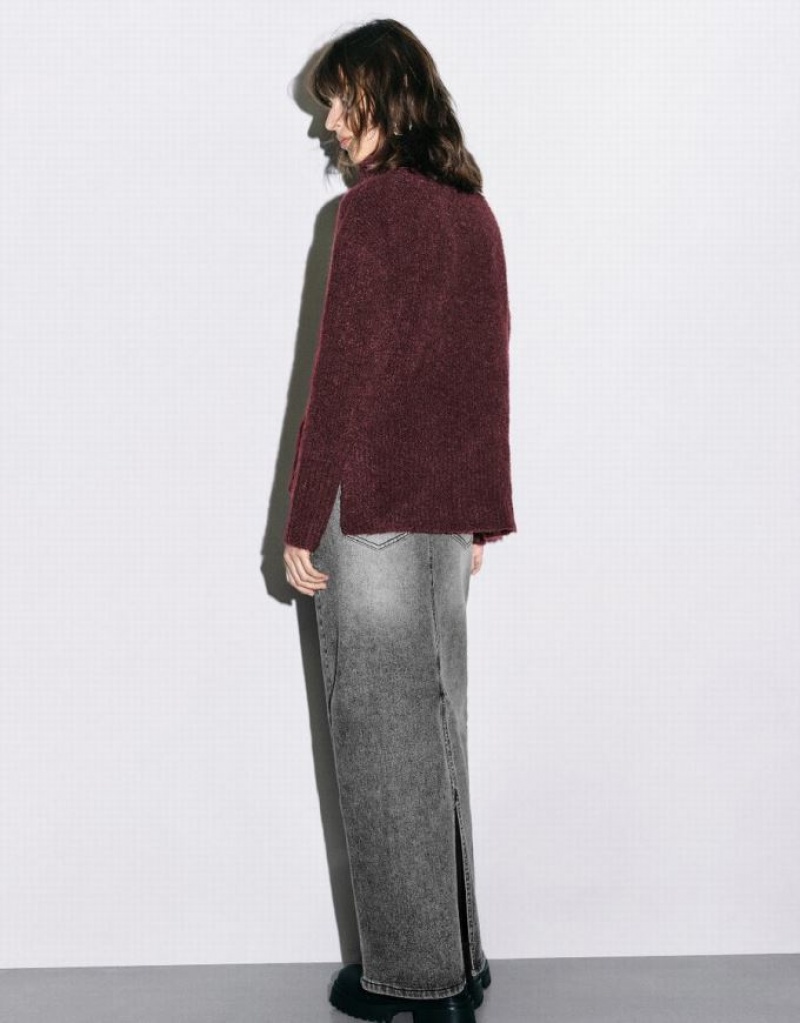 Burgundy Urban Revivo Stand Collar Straight Women's Sweaters | 85926VJRM