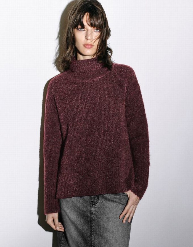 Burgundy Urban Revivo Stand Collar Straight Women\'s Sweaters | 85926VJRM