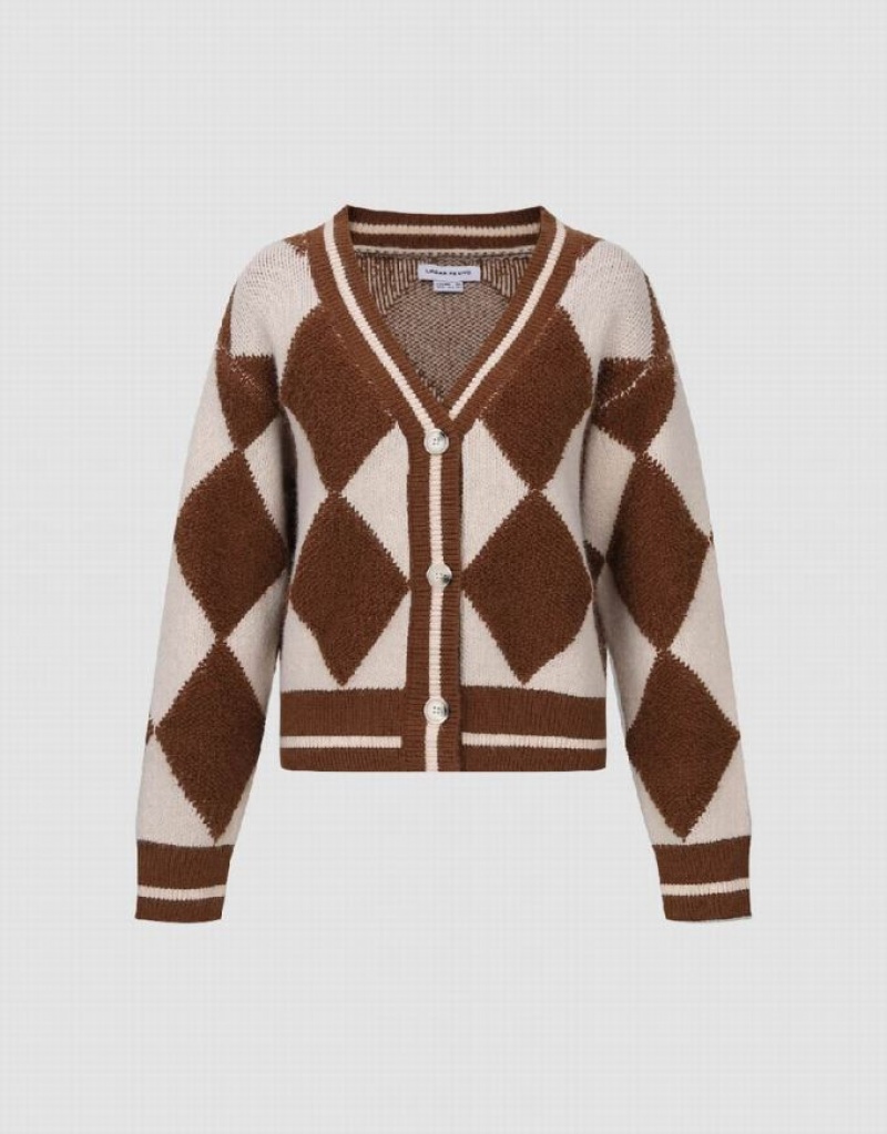 Coffee Urban Revivo Argyle Pattern V-Neck Knitted Women's Cardigan | 36827POMZ