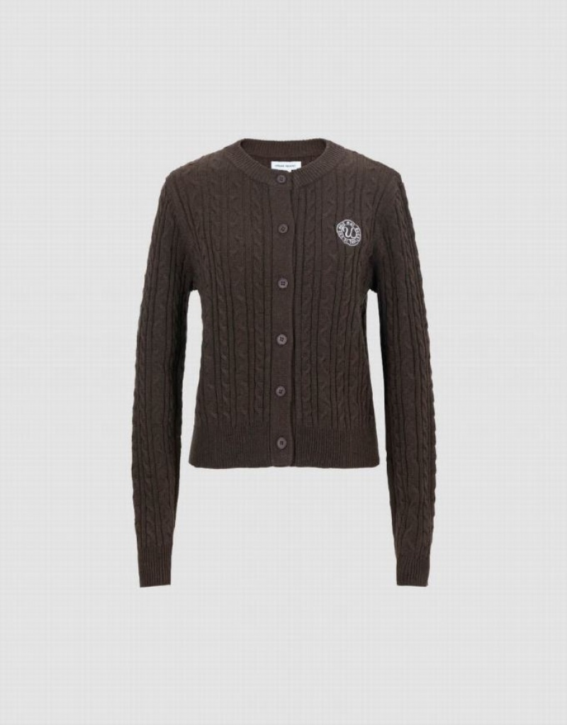 Coffee Urban Revivo Crew Neck Knitted Women's Cardigan | 71295KWVA